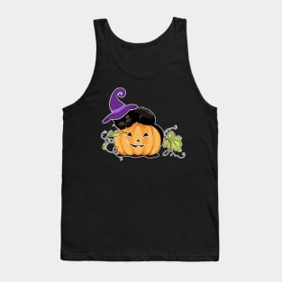 Witchy Black Cat and Funny Pumpkin Cute Halloween Tank Top